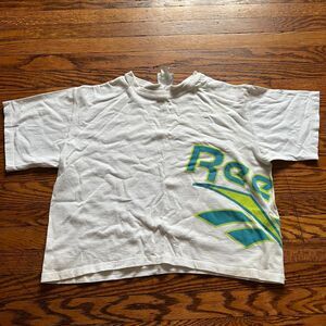 Vintage Reebok Made in USA Cropped Boxy Fit T-Shirt Size L White Green Teal